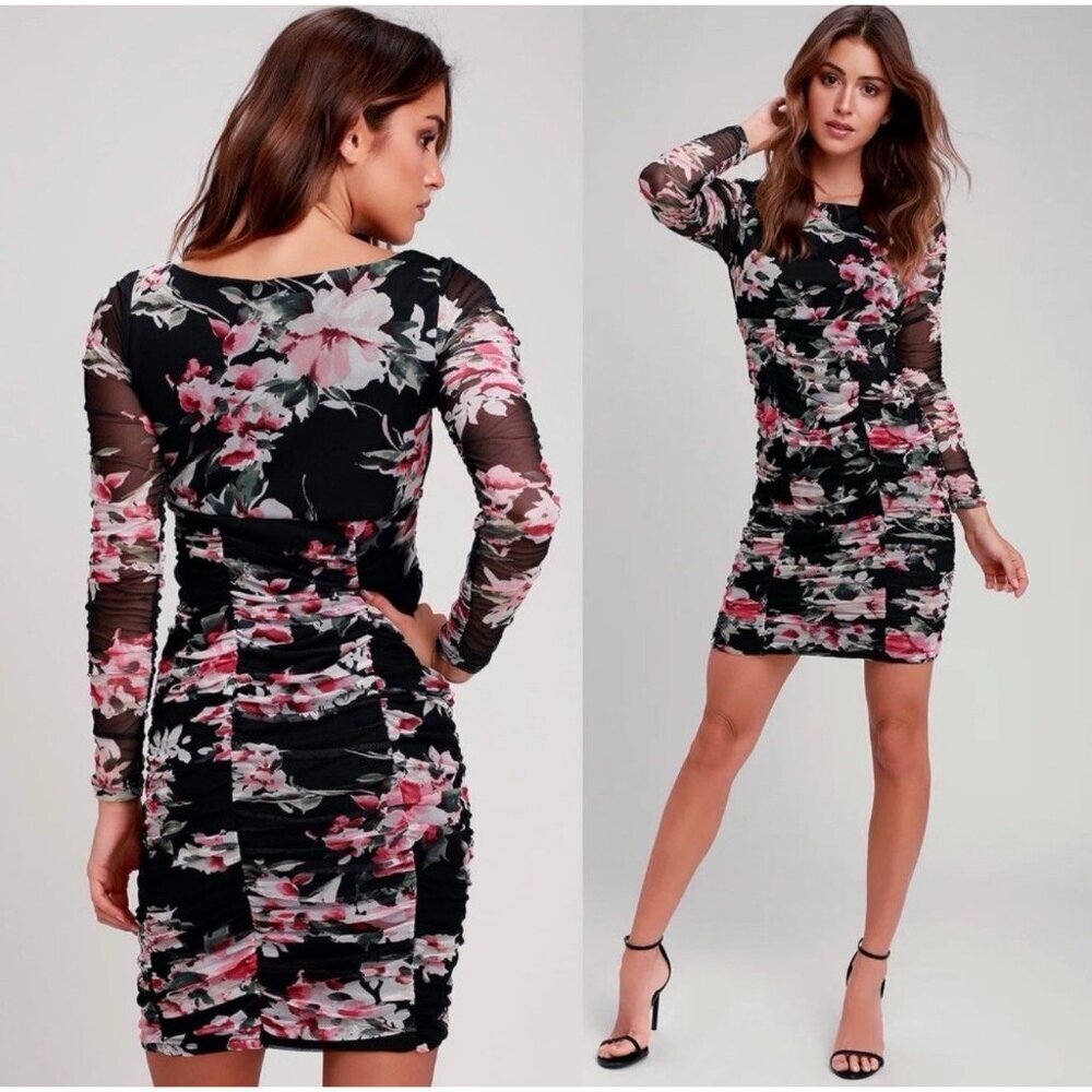 Lulus Ayana Black womenFloral Ruched Mesh Bodycon Dress size M